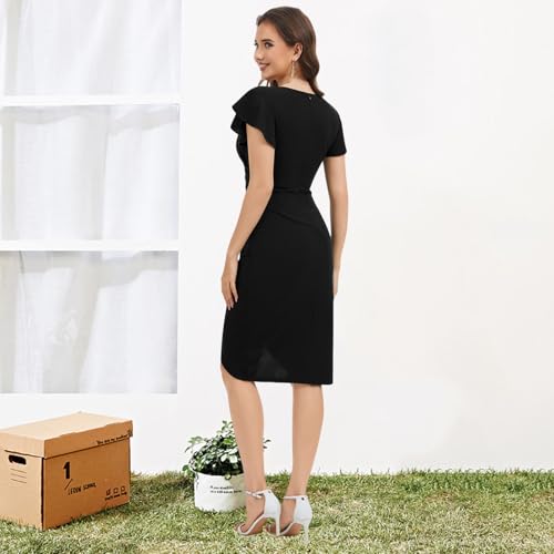 Image of shengfan Women's Sexy Deep V Neck Short Sleeve Ruched Waist Bodycon Wrap Cocktail Midi Dress