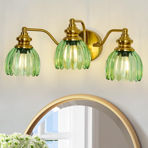 Image of Piepooye Vintage Bathroom Light Fixtures Gold Vanity Light with Green Glass LampShade 3 Lights E26 Bulb Wall Sconce Indoor Vanity Light Over Mirror for Bedroom Kitchen Farmhouse Living Room