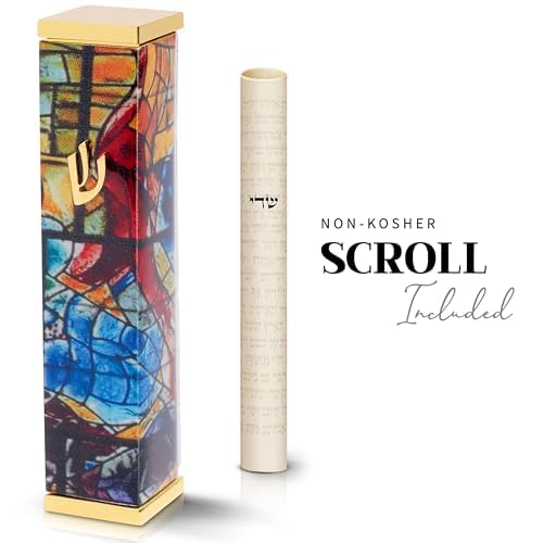 Image of SURI Mezuzah with Scroll for Door | 5 Inch Modern Aluminum Mezuzah Case | Fits 4 Inch Scroll | Gold & Silver Chagall-Inspired Design | Self Adhesive Easy Install | Judaica Jewish Gift