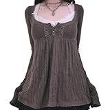 Tsultryofs Y2K Fairy Grunge Knit Long Sleeve Tunic Tops Low Cut Peplum Babydoll Blouse Button Down Harajuku 90s Sweater(Brown,L)