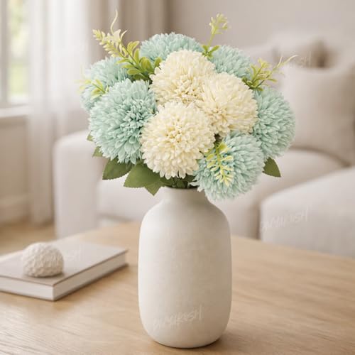Image of Divyakosha Artificial Flower Bouquet 10 Heads (7 Mint Green & 3 Cream White) Vase Arrangement with Leaves, Faux Chrysanthemum Flowers for Home Decor