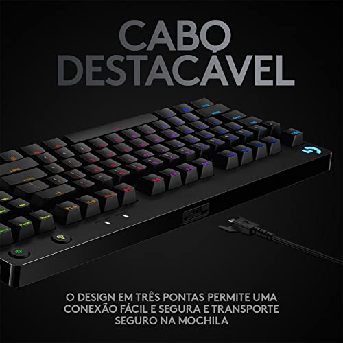 Teclado Mecânico Gamer Logitech G PRO com Layout US, RGB LIGHTSYNC, Design TKL, Cabo Destacável e Switch Exclusivo GX Blue Clicky glide