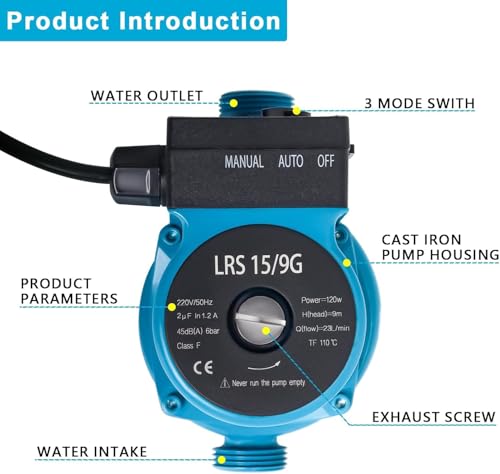 Heißwasser-Umwälzpumpe LRS15/9G, Umwälzpumpe für Heizung, 120 W, Umwälzpumpe für den Haushalt, maximale Höhe 9 m, mit Handschuhen Gekufa