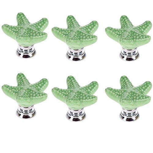 Lot de 6 poignées de porte vintage en céramique en forme d'étoile de mer, 34 mm, pour armoire, tiroir, placard, cuisine, volets de salle de bain (vert)