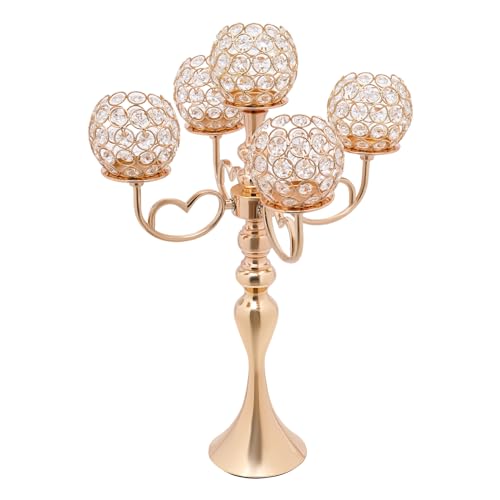 2 Pack Crystal Candelabra,21.5in Tall Candle Holder 5 Arms,Wedding Table Candelabra Stand w/Crystal Candle Holder Bowl,Golden Crystal Candelabra