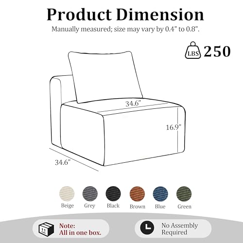 Image of 34.6 inchModular Sectional Armless Middle Sofa Seat Boneless Corduroy Cloud Chair for Living Room,Green