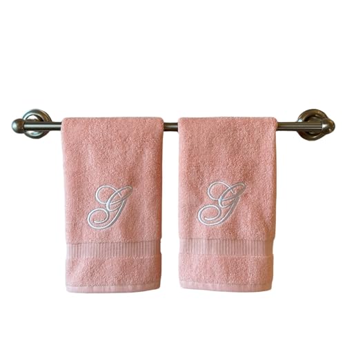 Decorvo Pink Monogrammed Hand Towels for Bathroom - Luxury Hotel Quality Personalized Initial Embroidered Towel for Powder Room, Spa - GOTS Organic Certified - Set of 2 White Letter G