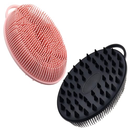 Acellegic 2 Pack Zinc Infused Silicone Body Scrubber for Shower, 2 in 1 Loofah Brush with Massage Nodes for Body Exfoliator, Hygienic, Blood Circulation, Black and Pink
