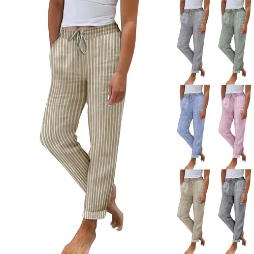 Gumipy Womens Linen Pants Loose Comfy Lounge Pants with Pockets Drawstring Elastic Waist Striped Straight Leg Trousers Pants