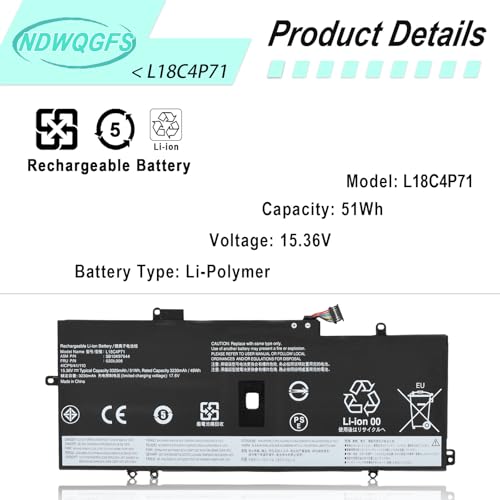 Image of L18C4P71 Laptop Battery for Lenovo ThinkPad X1 Yoga 4th /5th Gen & X1 Carbon 7th /8th Gen Compatible with L18L4P71 L18M4P72 02DL005 02DL006 SB10K97642 SB10K97644