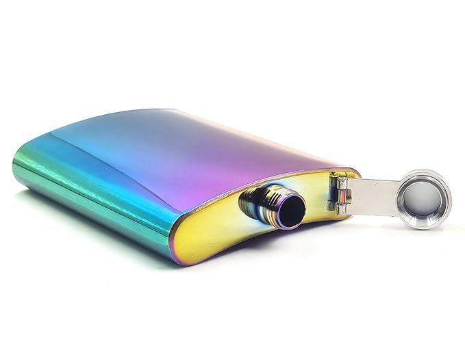 Image of Rainbow Color Design Stainless Steel Hip Flask with Funnel 8 Oz (236 ml) I Unique Style Wine Whiskey Liquor Flask I Unisex Alcoholic Drinks Holder Pocket Bottle (Rainbow+Funnel)