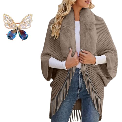 Permitime Loose Shawl with Fur Collar for Women