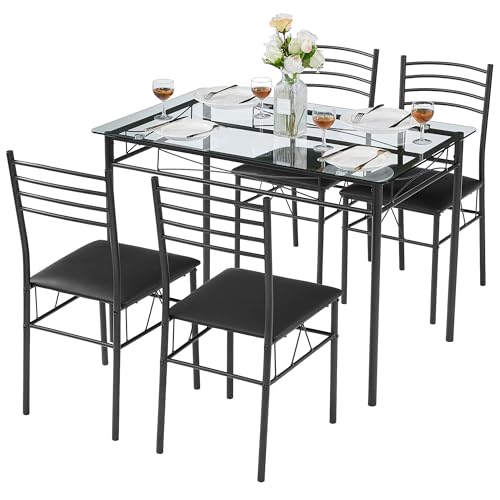 VECELO Dining Table Set for 4, 5-Piece Glass Kitchen Table with Upholstered Padded Chairs for Small Space, Breakfast Nook, Space-Saving, Black