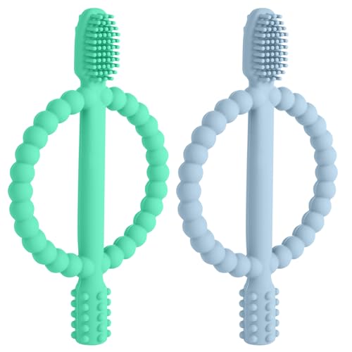 Aolso Baby Beißspielzeug, 2 Stück Kinderzahnbürste Zahnungshilfe, BPA-freies Silikon Säuglingszahnbürste, wundes Zahnfleisch zu stimulieren und zu massieren, ab 3 Monaten (Blau/Grün)