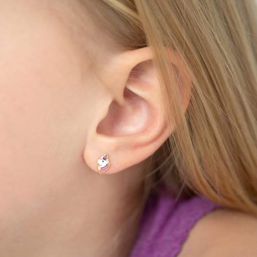 14k Yellow Gold Pastel Enamel Unicorn Screw Back Earrings for Toddler Girls - Pretty Multicolored Jewelry For Little Girls Dress Up Games - Magical Unicorn Screw Back Earrings for Girls3