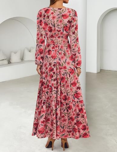 ZESICA Women's 2025 Fall Long Sleeve Maxi Dress Floral Print V Neck Empire Waist A Line Tiered Flowy Boho Party Dresses4