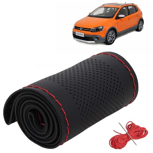 Image of KINGSWAY PU Leatherite Car Steering Cover Sewable Compatible with Volkswagen Polo Cross (Year 2010 Onwards), Black Color with Red Thread, Pack of 1 with Sewing Needle and Thread
