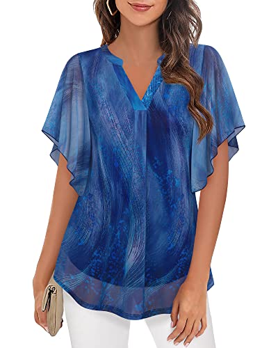 Image of Timeson Women's Short Sleeve V Neck Blouses Shirts Floral Double Layers Mesh Tunics Tops