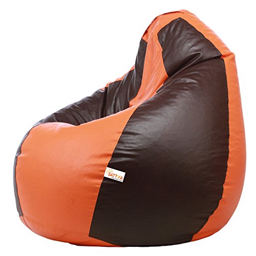 Image of Sattva Combo Classic XXL Bean Bag Orange Brown and Round Footstool Filled with Beans - Orange with Brown Piping