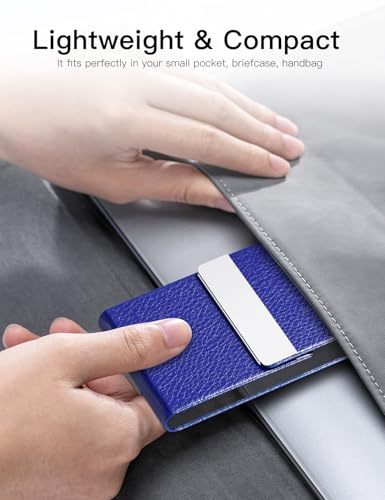 Image of Padike Professional Business Card Holder PU Leather Business Card Case Name Card Holder Slim Metal Pocket Card Holder with Magnetic Shut (Blue)