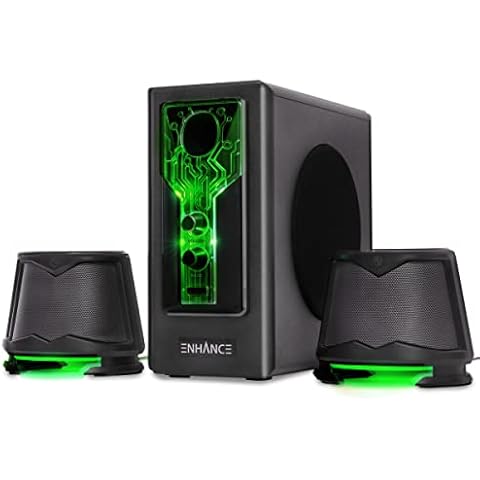 ENHANCE SB 2.1 Computer Speakers - Gaming Speakers, Green LED Computer Speakers with Subwoofer, High Excursion Sound System, Volume and Bass Control, Compatible with Gaming PC, Desktop, Laptop Cover