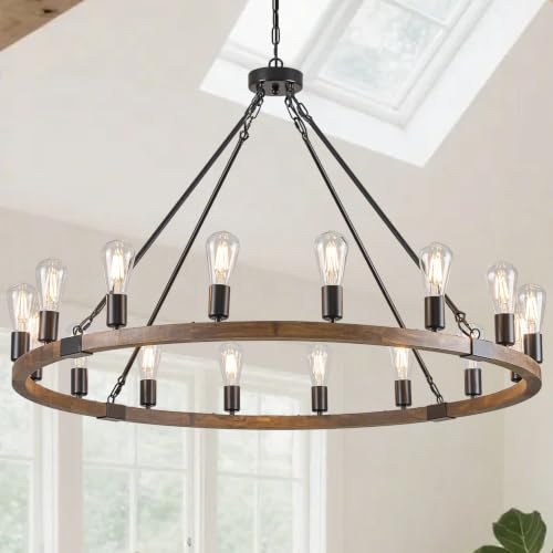 Image of Oak Wooden Wagon Wheel Chandelier 16-Light 43.3 inch Light Fixture