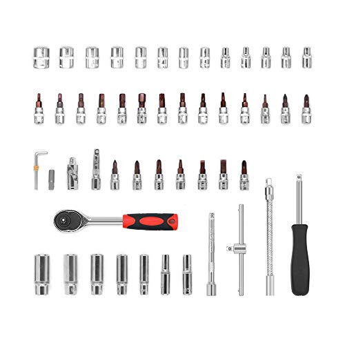 53pcs CRT001 1/4-Inch Car Auto Automobile Motorcycle Repair Tool Ratchet Wrench Drive Socket Set with Plastic Toolbox Storage Case
