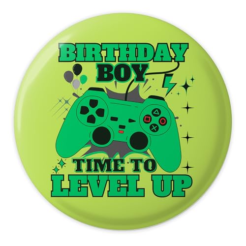 Image of Birthday Boy Level Up Pin, 2.3" Green Gaming Button Badge, Gamer Birthday Decorations for Boys, Funny Time to Level Up Party Pin, Video Game Birthday Gifts for Kids & Teens