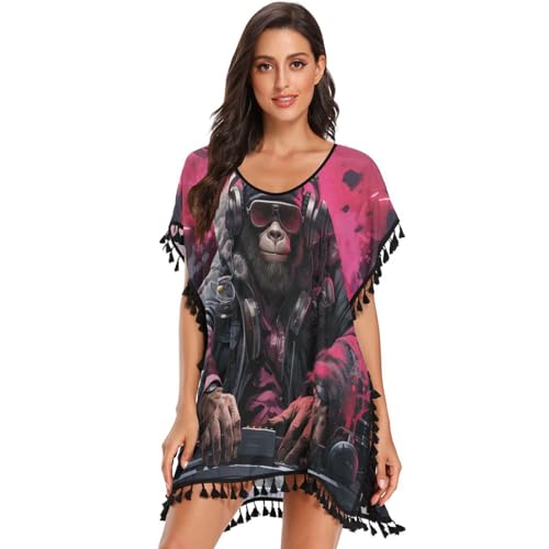 Cool Dj Gorilla Art Women's Beach Cover Up Chiffon Tassel Swimwear Swimsuit Coverups for Girl