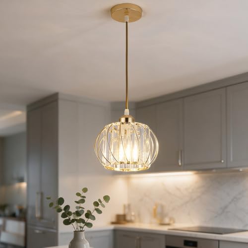 Lampada a Sospensione Moderna in Cristallo Dorata E27 | Hanging Lampade,Altezza Regolabile,Paralume Sferico a Gabbia, Cucina e Sala da Pranzo