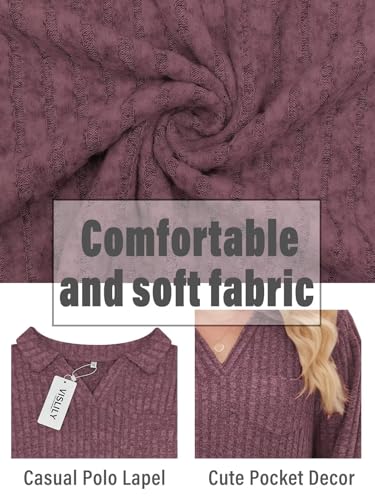 Image of VISLILY Womens-Plus-Size-Tops Collared V Neck Polo Shirts Lightweight Long Sleeve Sweaters Trendy Pocket Decor Tunic Blouses