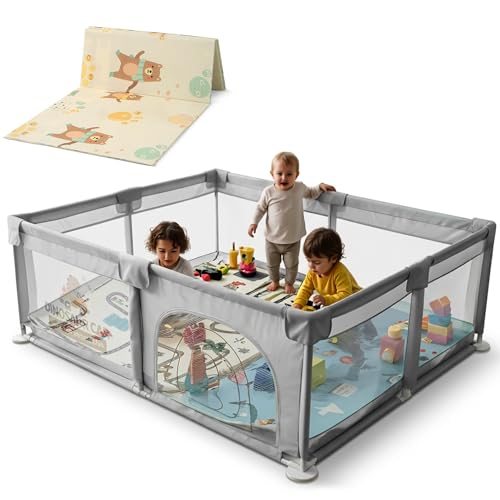 Image of Baybee Kids Playpen for Babies | Baby Play Area Indoor Setup with Zipper Door & Toys Pouch (Light Grey)