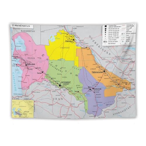 Affiches de carte du monde du Turkménistan en tissu Tapisserie imprimée Art mural Peinture Cadeaux pour la décoration de la chambre à coucher et du salon Moderne 152 x 203 cm