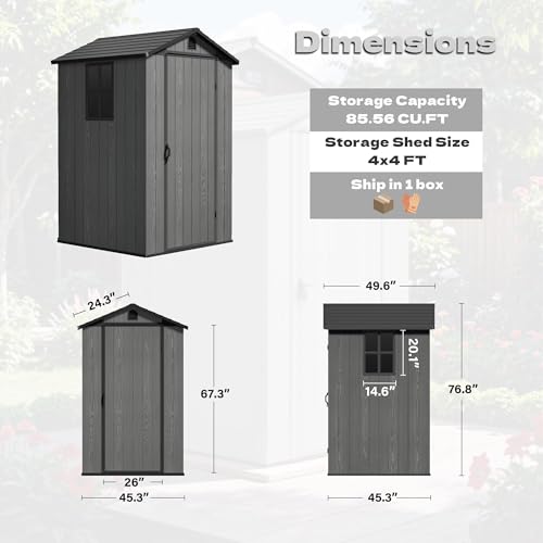 Image of Devoko 4x4 FT Storage Shed with Floor, Plastic Outdoor Garden Shed with Windows for Patio Backyard Lawn, Dark Gray