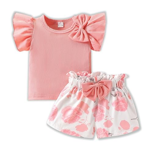 Image of Azmxynol Toddler Girls Clothes Cap Sleeve T-Shirt + Bowknot Print 2pcs Summer Shorts Outfit Set For Girls, Size 4-8 Years