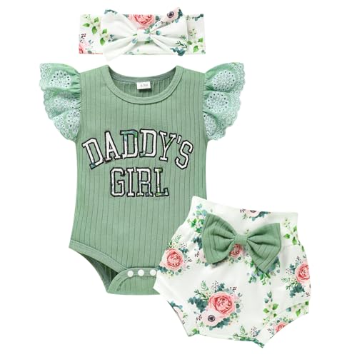 Image of ZOELNIC Baby Girl Clothes Infant Summer Outfits Set Ruffle Short Sleeve Top+Flower Print Shorts+Bow Hairband 3 Pcs Set