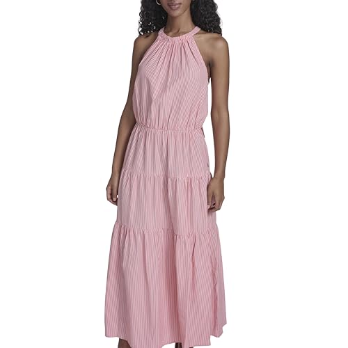 Image of Tommy Hilfiger Women's Sleeveless Halter Neck Seersucker Tiered Skirt Maxi Dress