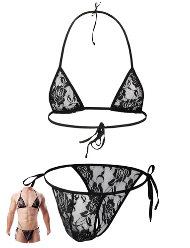 FEOYA Men's Sexy Lingerie Set Sissy Lace Bra Halter Lace Bra with Briefs Thongs Underwear Gay Nightwear Black