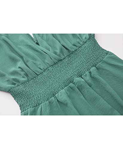 Image of Olaesa Boho Maxi Dress V Neck Short Sleeve Lace Smocked Waist Flowy Dress | Wedding Guest Dress with Pockets, Summer Bohemian Vacation Dress, Elegant Party Dress for Family photo& Baby Shower