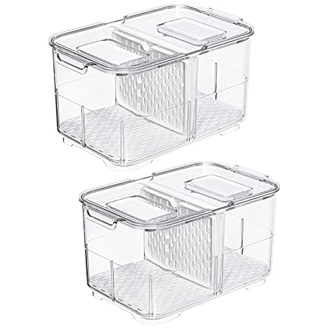 Slideep Food Storage Containers Fridge Produce Saver, Stackable Refrigerator Organizer Keeper Foldable lid with Removable Drain Tray for Produce, Fruits, Vegetables 2800 ml - 2 Pack Cover