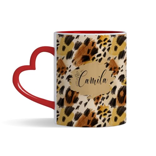 Personalised Leopard Print Design – Custom Name Gift – Animal Print Style – Unique Customised Present for Him-Her, Kids, Friends & Family, Heart Handle Coffee, Tea Mug. (Red)