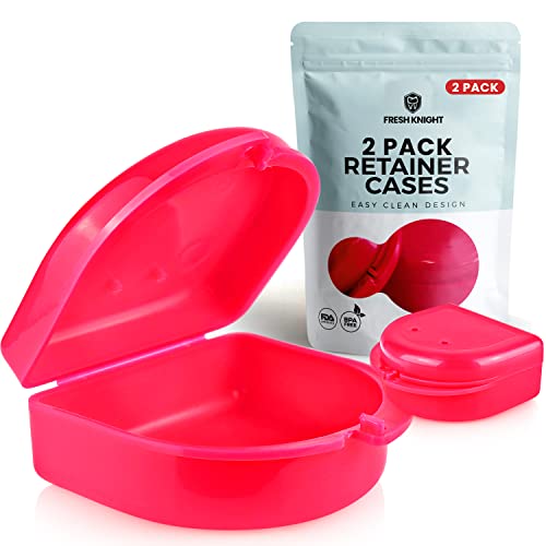 FRESH KNIGHT Retainer Case (2 Pack). Retainer Case with Vent Holes. Perfect for Denture, Mouth Guard, Aligners. (Bright Pink)