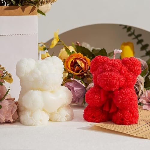 letsgetfun 1 PCS 3D Rose Bow Teddy Bear Candle Silicone Mould, DIY Paint Your Bow-Tie Bear Candle molds, Silicone Mold for DIY Handmade Soaps, Epoxy Resin Crafts, Father's Day Gifts, Birthday Gifts