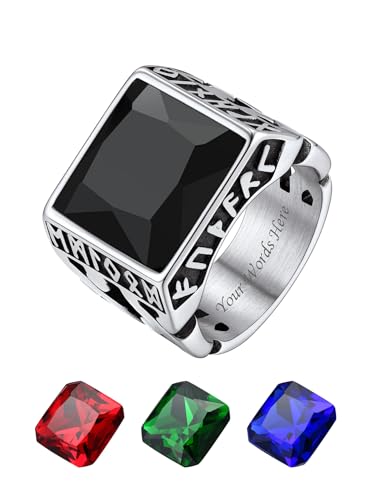 Bestyle Anillo Sello Hombre Anillo Personalizado Nordicos Runas Vikingas Nudo Celta Acero Inoxidable Plateado con Piedra Sintético Onix Negro Zafiro Esmeralda Rubí Talla 14.5-32.5