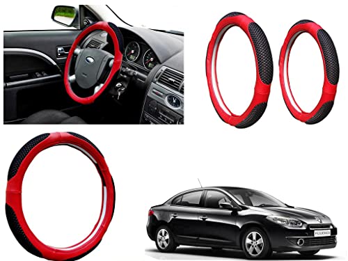 Image of Microfiber Car Steering Wheel Cover, Soft Padding Great Hand Feel, Anti-Slip, Faux Leather Steering Cover for Renault Fluence | Black Red Jali - Pack of 1