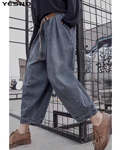 YESNO Women Casual Loose Cropped Trousers Pants Denim Bloomers Elastic Waist with Pockets PJD3