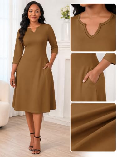 Image of PinkPatty Women's Casual 3 /4 Sleeve Midi Dresses Fit and Flare Church Work Dress with Pockets