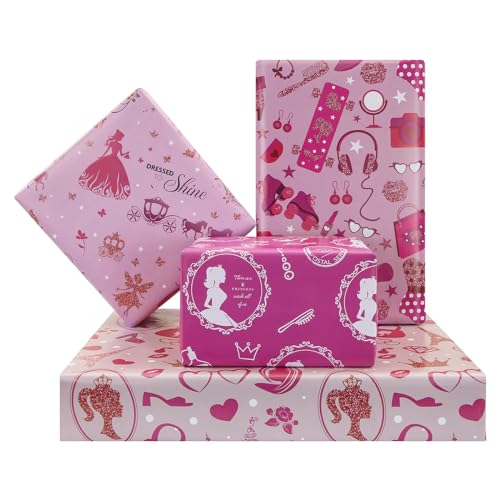 Papel de regalo de princesa rosa para niñas y bebés, papel de regalo de cumpleaños con bonito carruaje de calabaza, tacones altos, lápiz labial, diamante para cumpleaños, baby shower, 4 diseños