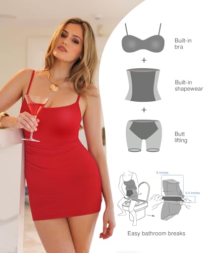 Image of Popilush Dress with Built in Shapewear Spaghetti Strap Mini Dresses Mesh Ruched Bodycon Summer Splash