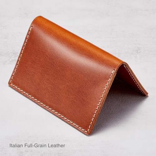 Image of HISCOW Italian Full Grain Leather Slim Card Holder, Minimalist Vegetable Tanned Leather Business Card Case for Men, Ultra-Thin Bifold Front Pocket Wallet, Cognac